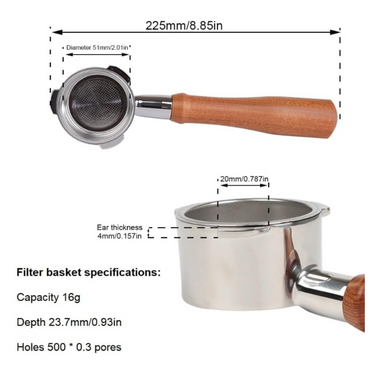 Coffee filter basket with wooden handle and measurements on a white background